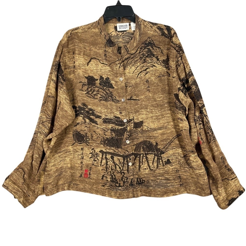 Chicos Blouse Asian Print Size‎ XL Sheer Boho Vintage Y2K Abstract Indie Sleaze